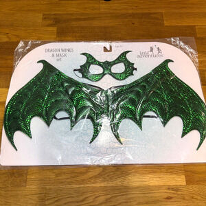 Dragon Mask Wing Set Green + Red Scales Halloween Costume Dress Up NEW 22”